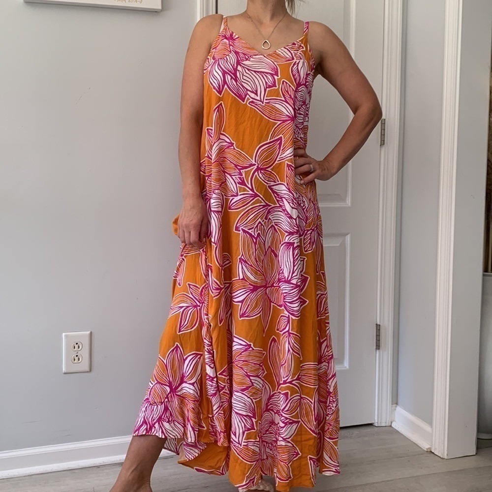 Versona Orange & Pink Floral Maxi Midi Tank Dress Tropical Flowy size XS floral